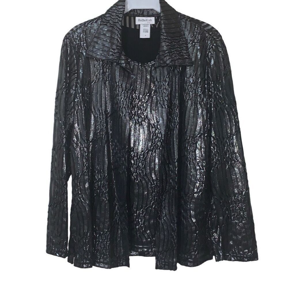 ReBeKah Womens Size Small Collared Shirt and Tank Blouse Set Black Shimmer Sheer